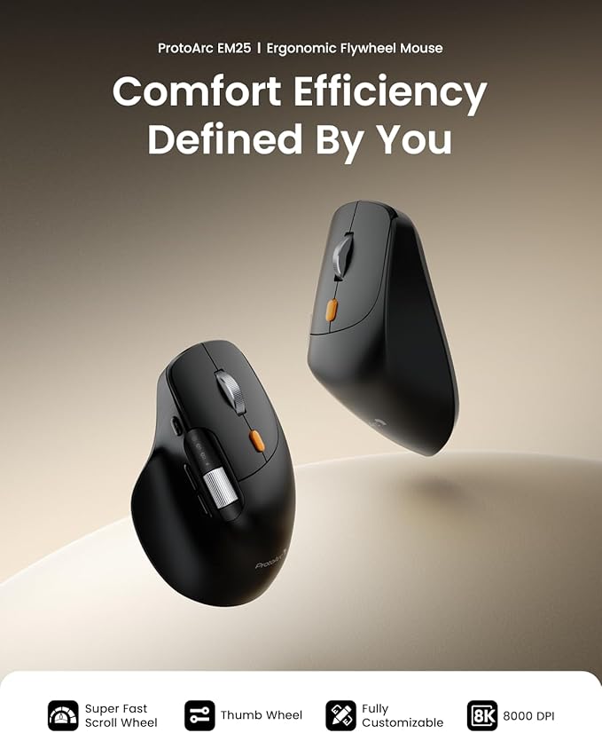 ProtoArc Ergonomic Bluetooth Mouse EM25 USB Wireless Mouse Fast Scrolling & Thumb Scroll Wheel Buttons Customizations 8000 DPI Quiet Rechargeable Compatible with Windows/Mac/Android Black