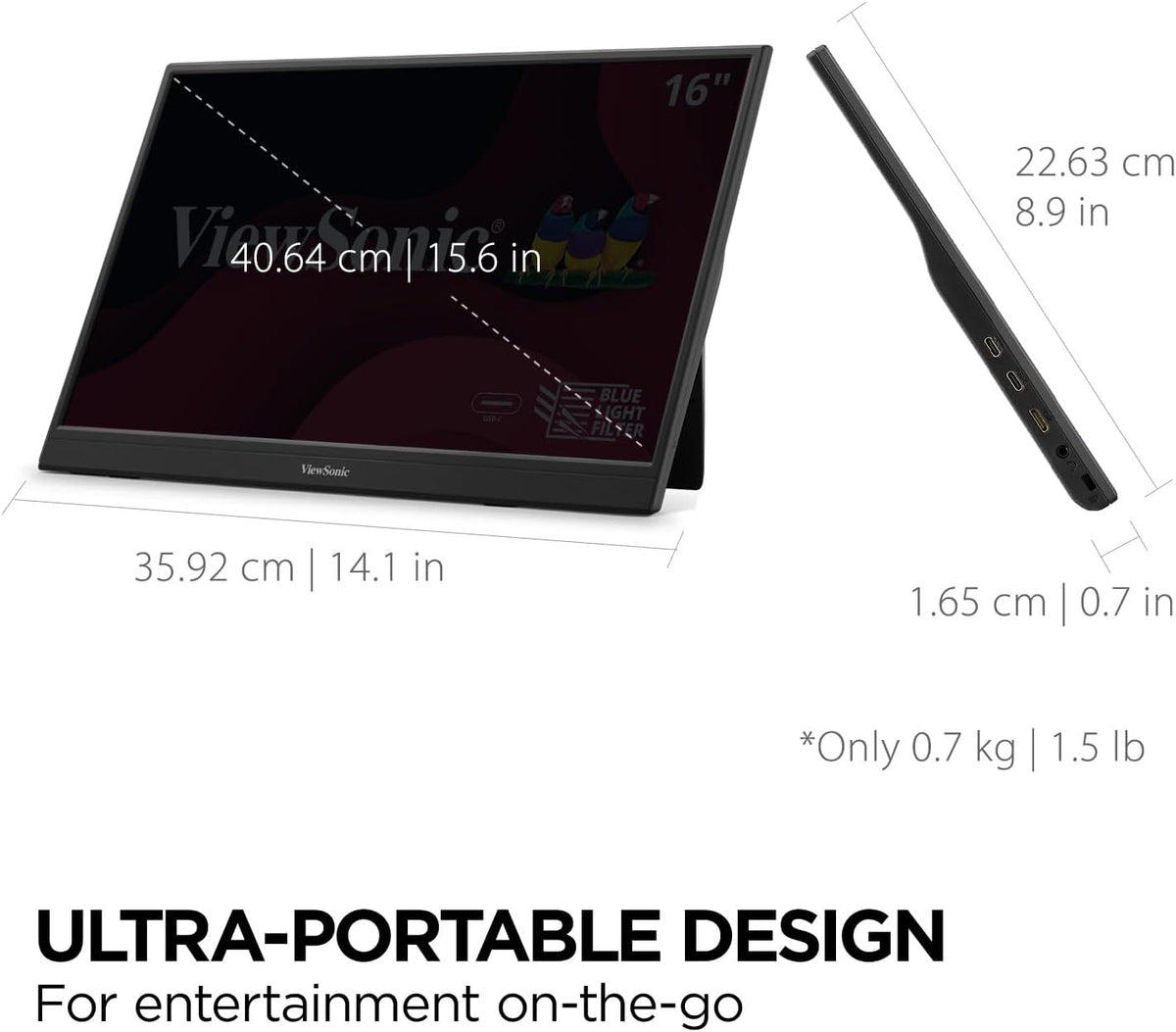 ViewSonic VA1653 16 Inch 1080p FHD IPS Portable Monitor with Eye Care, Built-in Stand, USB C, Mini HDMI, and Protective Case External Second Screen for Laptops, PC, Mac, and Gaming Consoles