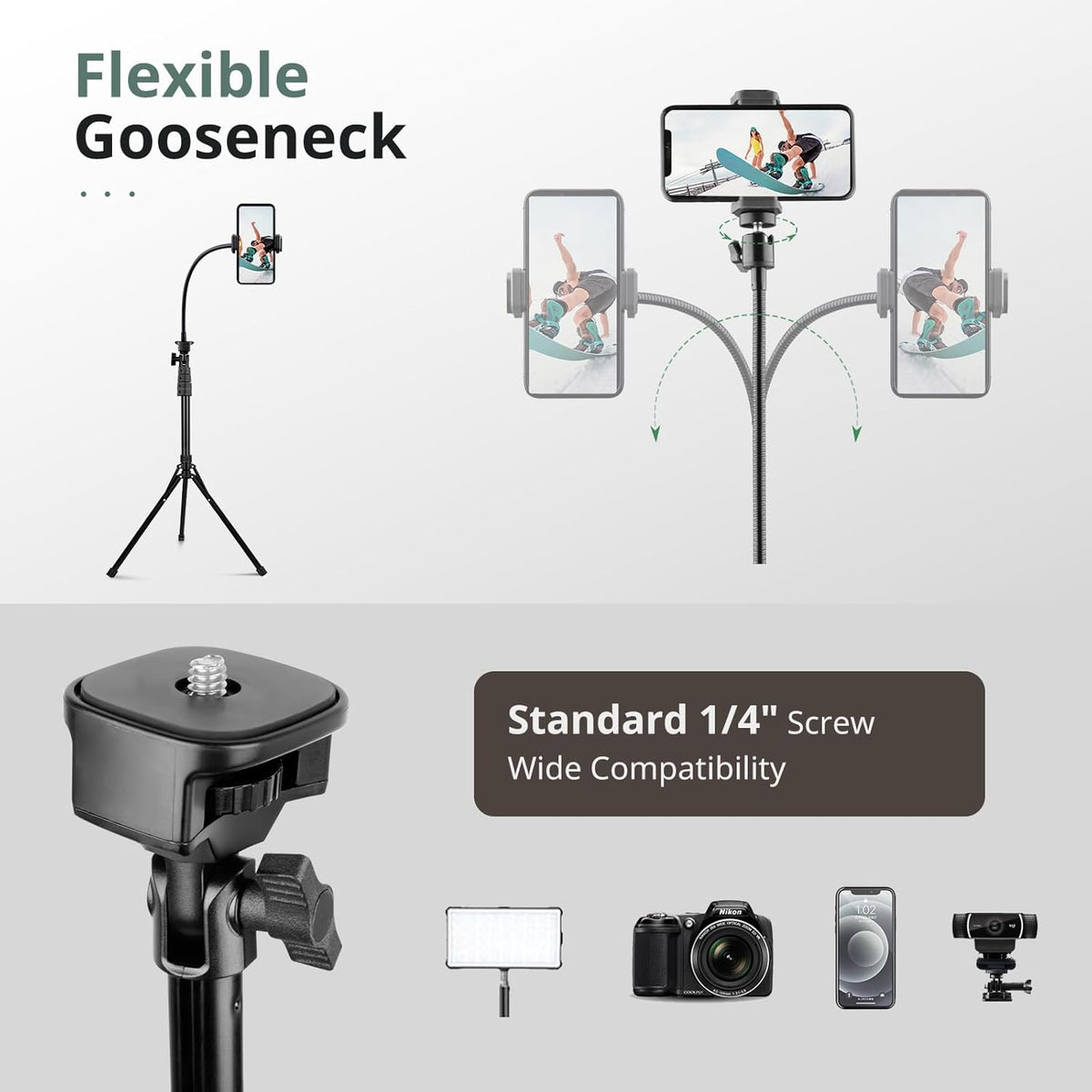 Sensyne 92" Cell Phone Tripod, Selfie Stick Tripod with 16.5" Flexible Gooseneck, Overhead Phone Stand for Video Recording, Photography, Compatible with Phone, Camera
