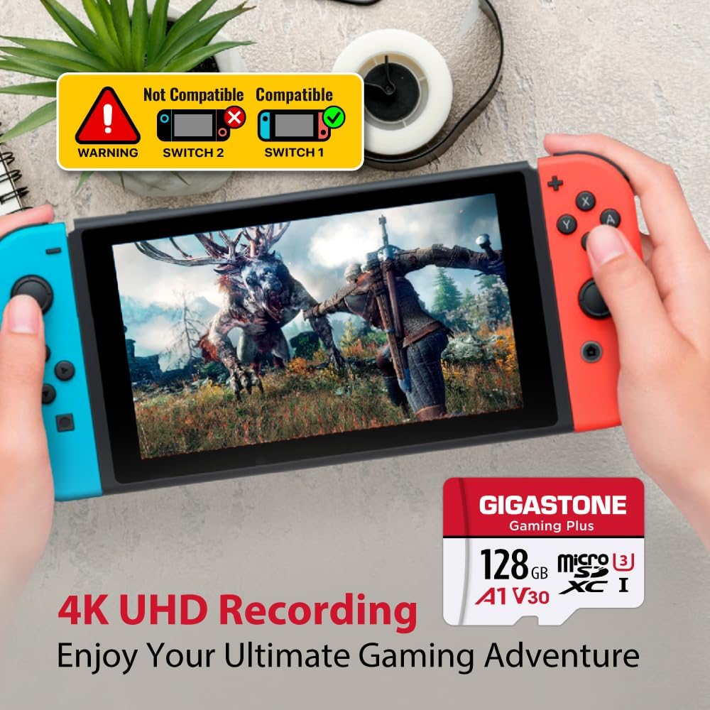 GIGASTONE Micro SD Card 128GB 5-Pack, Gaming Plus, MicroSDXC Memory Card for Nintendo-Switch 1, Security Camera, Dash Cam, UHS-I U3 A1 Class 10, up to 100MB/s, with MicroSD to SD Adapter