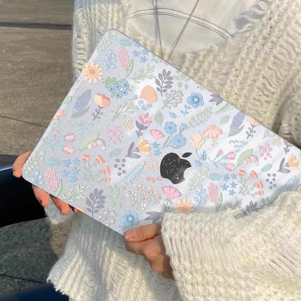 for MacBook Air 13 inch Case 2021 2020 2019 2018 Model M1 A2337 A2179 A1932 with Retina Display & Touch ID, Shiny Pattern Plastic Hard Shell Case Keyboard Skin Cover, Starry Sky Flowers