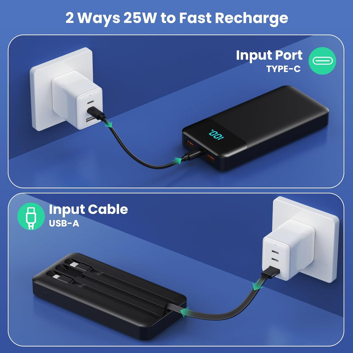 Portable Charger 40800mAh Power Bank with 3 Built-in Cable,25W PD USB C in&Out Power Bank Fast Phone Charging,QC4.0 LED Display Portable Battery Pack Compatible with iPhone 16/15, Galaxy Android-Black