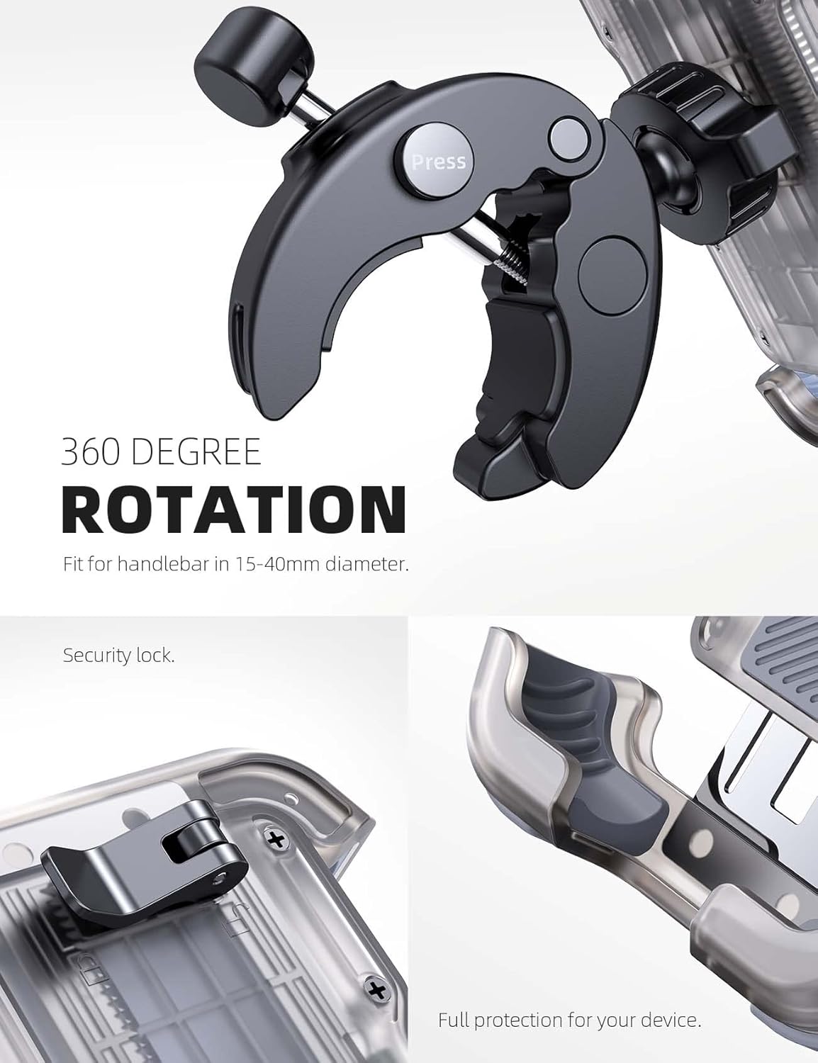 Lamicall Motorcycle Phone Mount, Bike Phone Holder - Upgrade Quick Install Handlebar Clip for Bicycle Scooter, Cell Phone Clamp for iPhone 15 14 13, Galaxy and More 4.7-6.8" Phone, Transparent Gray