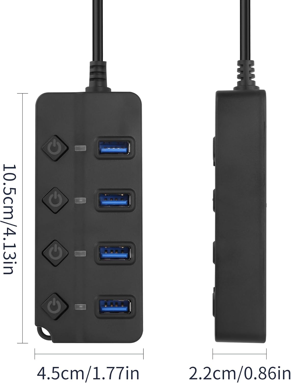90 Degree USB Hub Splitter YACSEJAO USB 2.0 Data Hub with Individual LED Button On/Off Switch DC5.5 * 2.1 Power Port for Laptop,PC Computer (4 Ports, 0.3M)