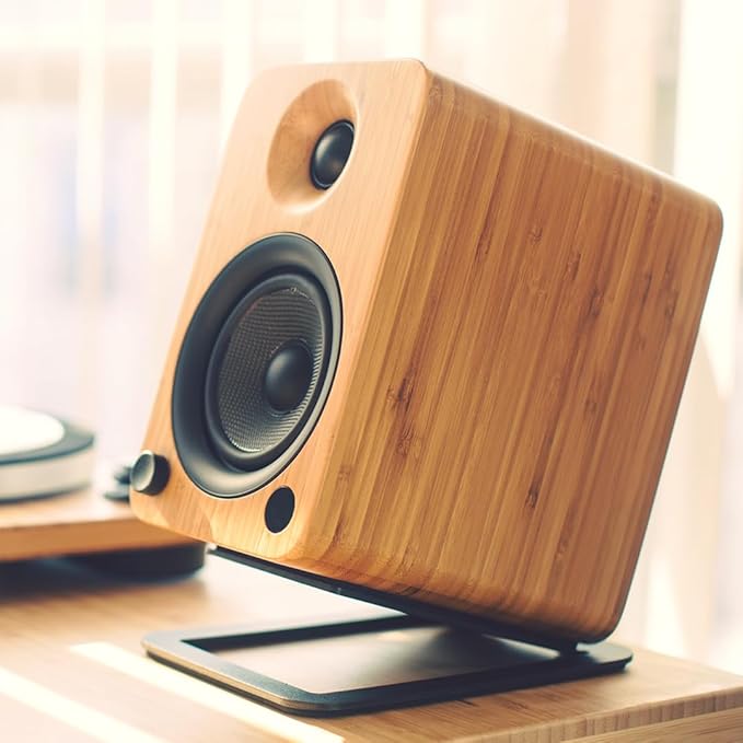 Kanto S4 Tilted Desktop Speaker Stands for Medium Bookshelf Speakers & Mid-Size 3”-4” Studio Monitors | Supports 8 lbs | Damping Foam Padding | ¼”-20 Mounting | Pair | Black