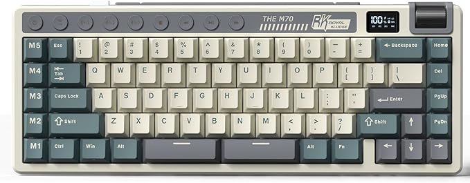 RK ROYAL KLUDGE M70 Wireless Mechanical Keyboard with Macro Keys 2.4GHz/Bluetooth/Wired 75% Gaming Keyboard with 6000mAh Battery Gasket-Mount Display & Knob RGB Hot-Swappable Soft Tactile Beige Sw