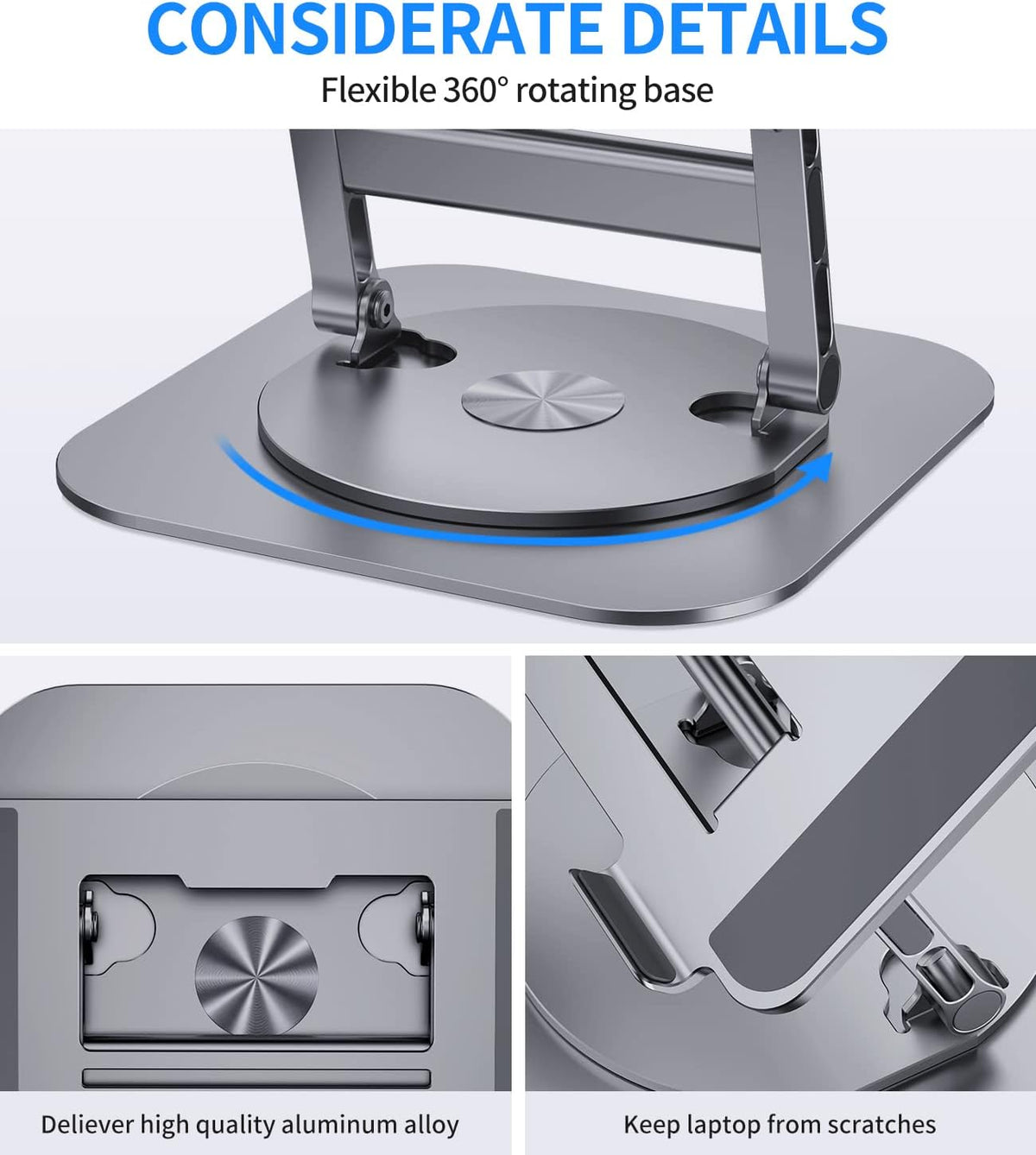 Adjustable Laptop Stand with 360 Rotating Base, Stable Computer Stand for Laptop Ergonimic Foldable Laptop Riser for Desk Compatible with MacBook Pro/Air Notebook up to 16 Inches, Grey