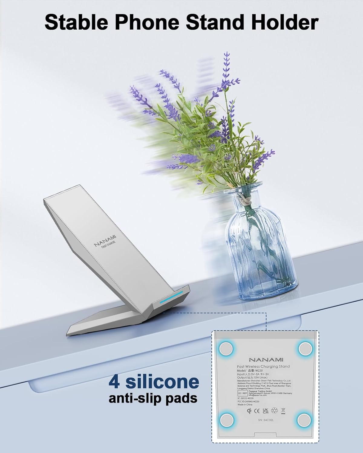 Fast Wireless Charger, NANAMI Qi Certified Wireless Charging Stand Compatible iPhone 16/16 Plus/16 Pro/16 Pro Max/15/14/13/12, Samsung Galaxy S25/S24/S23/S22/S21/S20/Note 20 Ultra and Qi-Enabled Phone