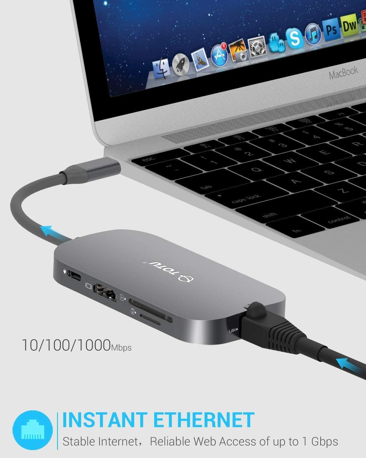 USB C Hub, 9-in-1 Type C Hub with Ethernet Port, 4K USB C to HDMI, 2 USB 3.0 Ports,1 USB 2.0 Port, USB-C Power Delivery, Portable for Mac Pro and Other Type C Laptops