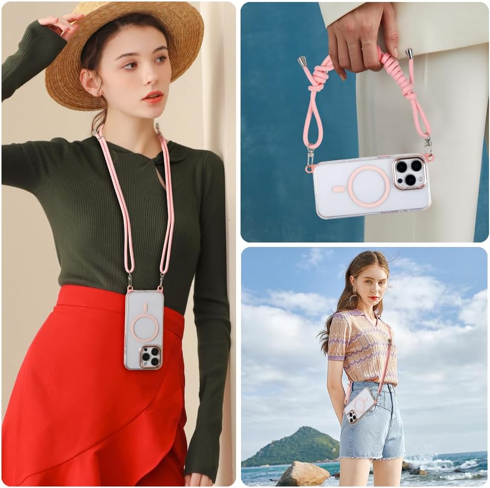 for iPhone 15 Pro Case with 62.99 inch Lanyard, Classic Clear&Pink Magnetic Phone Case, Drop&Shockproof Protection Cases, Phone Lanyard for Around The Neck, Compatible with Magnet Accessory