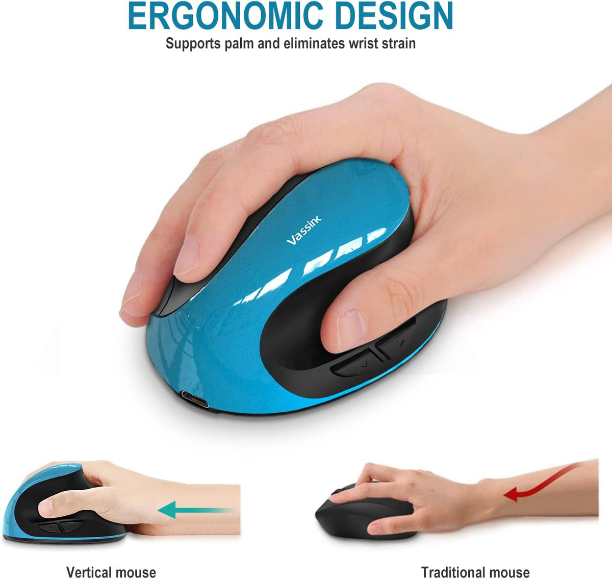 Vassink Ergonomic Mouse, Rechargeable Wireless Mouse Right Handed Small Mouse with 6 Buttons for Laptop,Desktop,PC, MacBook(Blue)
