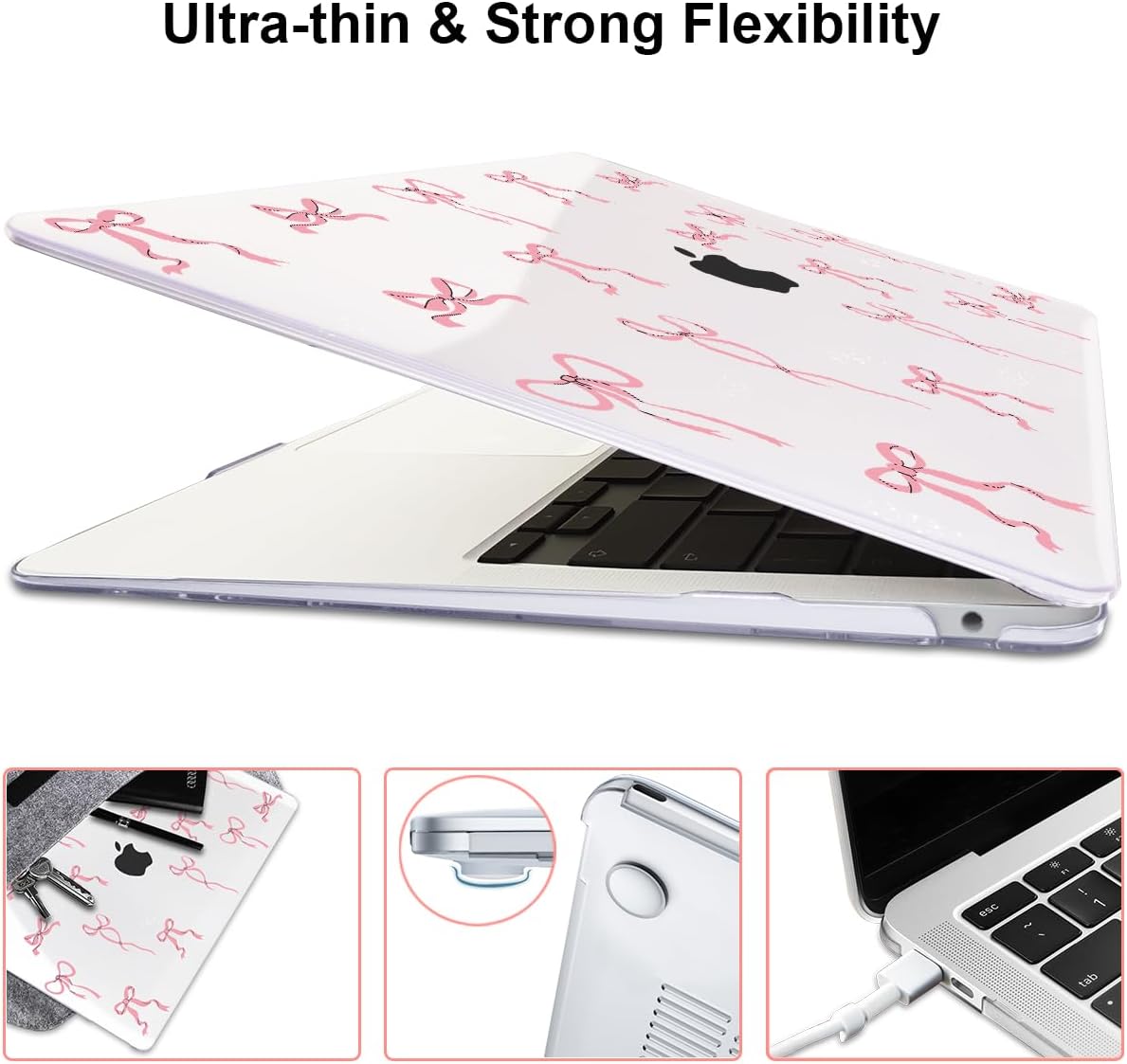 Compatible with 2021 2020 2019 2018 MacBook Air 13 inch Case M1 A2337 A2179 A1932 with Touch ID, Crystal Clear Pattern Plastic Hard Shell Case for MacBook Air 13 M1 2021, Pink Bowknot