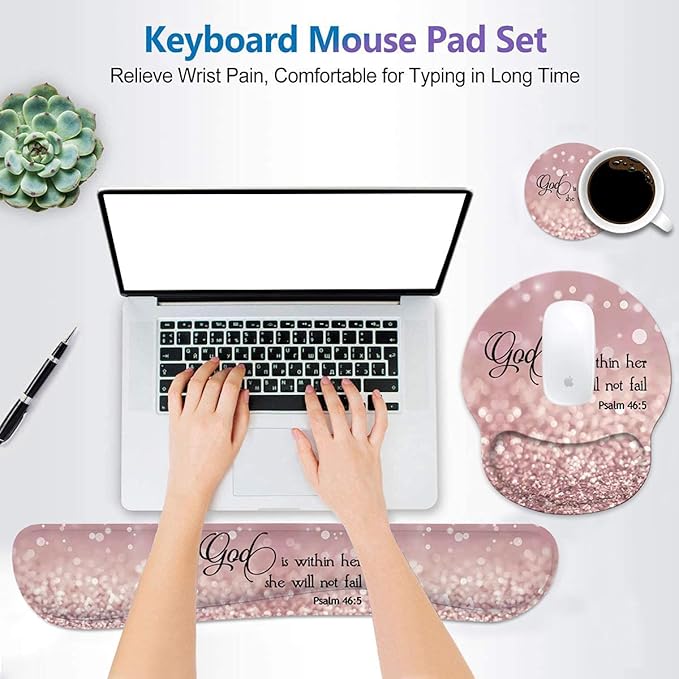 Keyboard Wrist Rest and Mouse Wrist Rest Pad Set with Coasters Non-Slip Rubber Base Ergonomic Gaming Mousepad for Home Office Working Studying Easy Typing & Pain Relief Quote Bible Verse Psalm 4