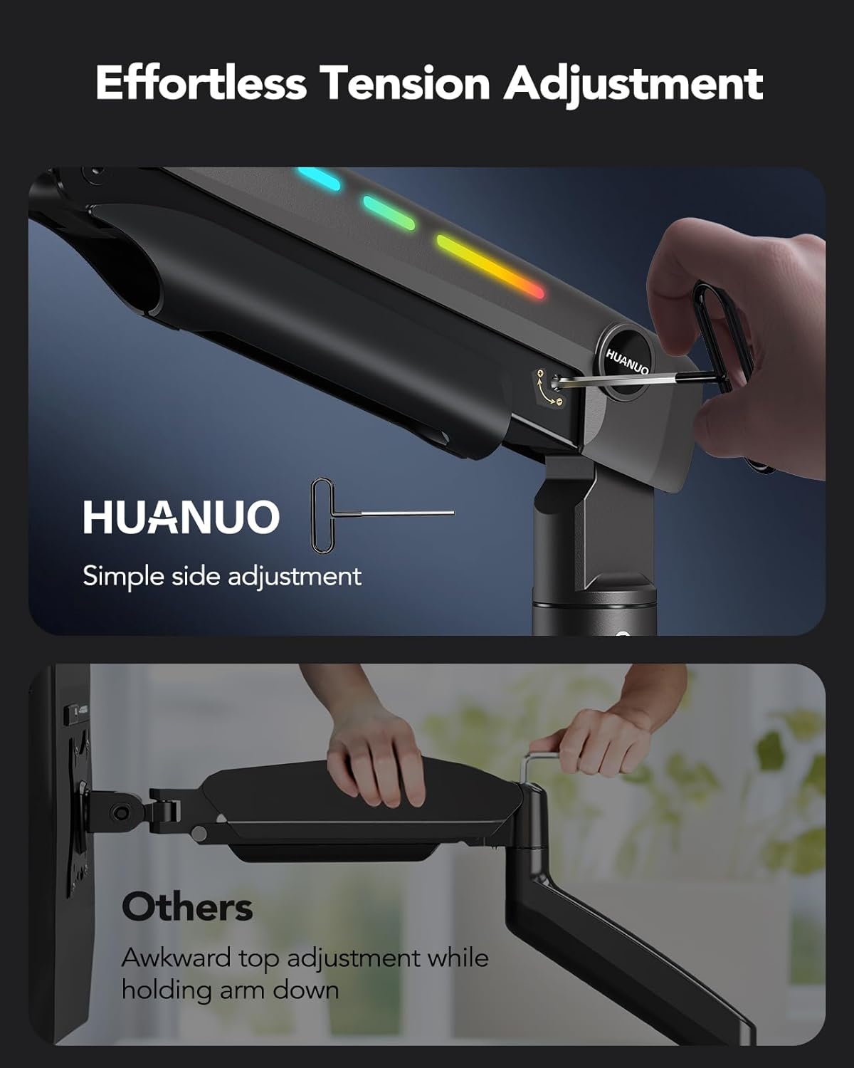 HUANUO RGB Monitor Arm for Ultrawide Screens up to 57″, Heavy-Duty Single Mount Holds 44 lbs, Fully Adjustable Gaming Monitor Arm with C-Clamp & Grommet Base, Max VESA 100 x 100mm