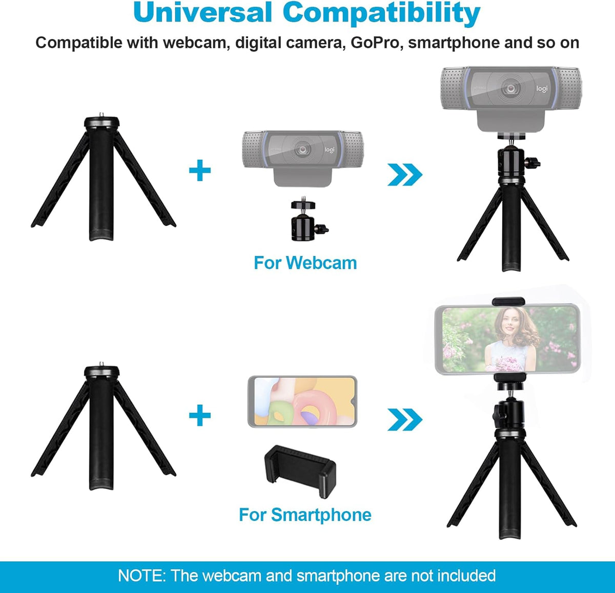 NexiGo Lightweight Mini Tripod for Camera/Phone/Webcam, Extendable Stand, for NexiGo Logitech Webcam C920 C922 C925e C922x C930e C930 C615 Brio and Other Devices with 1/4" Thread