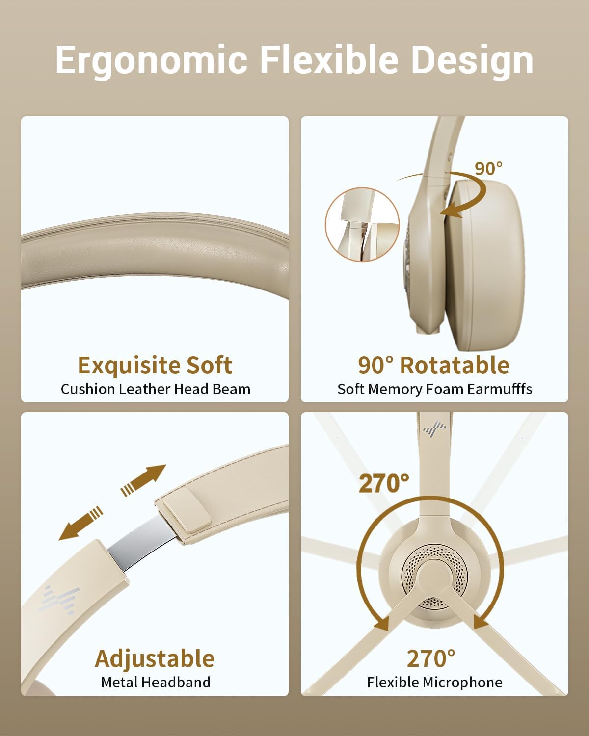 Wireless Headset with AI Noise Cancelling Microphone Bluetooth Headset - Bluetooth V5.2 Headphones with USB Dongle & Mic Mute for Computer/Laptop/PC/iPhone/Android/Cell Phones/Zoom-Apricot