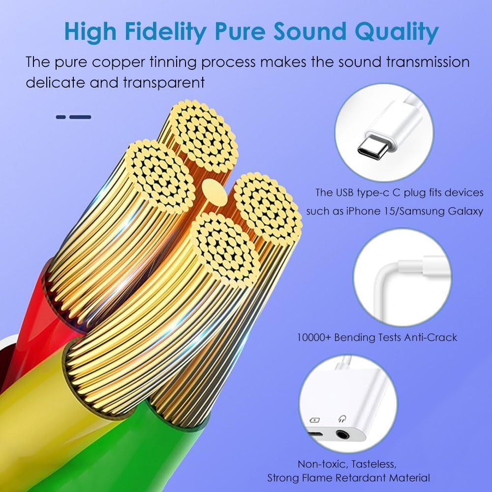 USB-C to Dual 3.5mm Headphone Jack Adapter USB C to 3.5mm Audio Adapter 3 in 1 Aux to USB C Headphone Splitter and Fast Charge Adapter for iPhone 16 15/iPad Pro/Galaxy 24 23 22/Pixel 9 8 7 and more