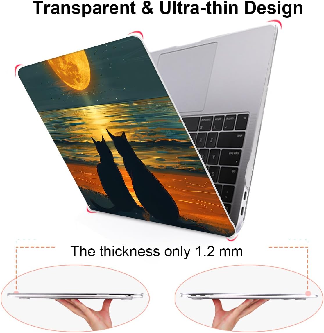 Compatible with MacBook Air 13 inch Case M1 A2337 A2179 A1932 2021 2020 2019 2018 Release with Retina Display & Touch ID, Printed Pattern Plastic Hard Shell Case Cover, Cat Watching Moon