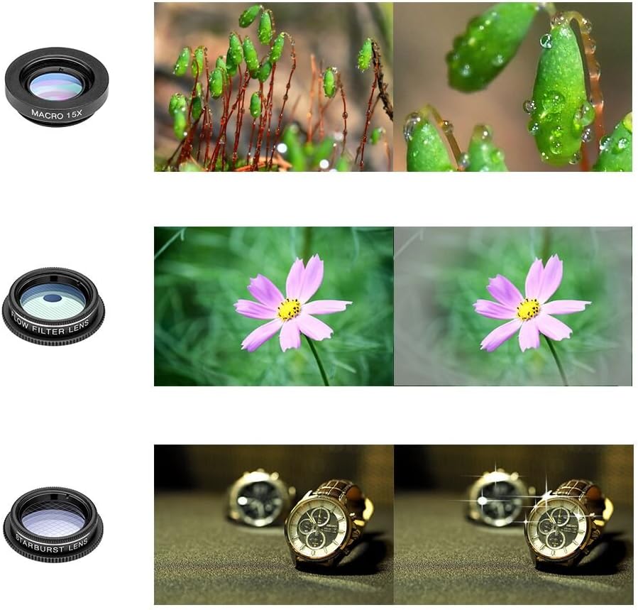 Cell Phone Camera Lens Kit,11 in 1 Super Wide Angle+ Macro+ Fisheye Lens +Telephoto+ CPL+3/6 Kaleidoscope+Starburst/Radial/Soft/Flow Filter Lens Compatible for iPhone X/8/7/6s/6 Plus, Samsung,Android