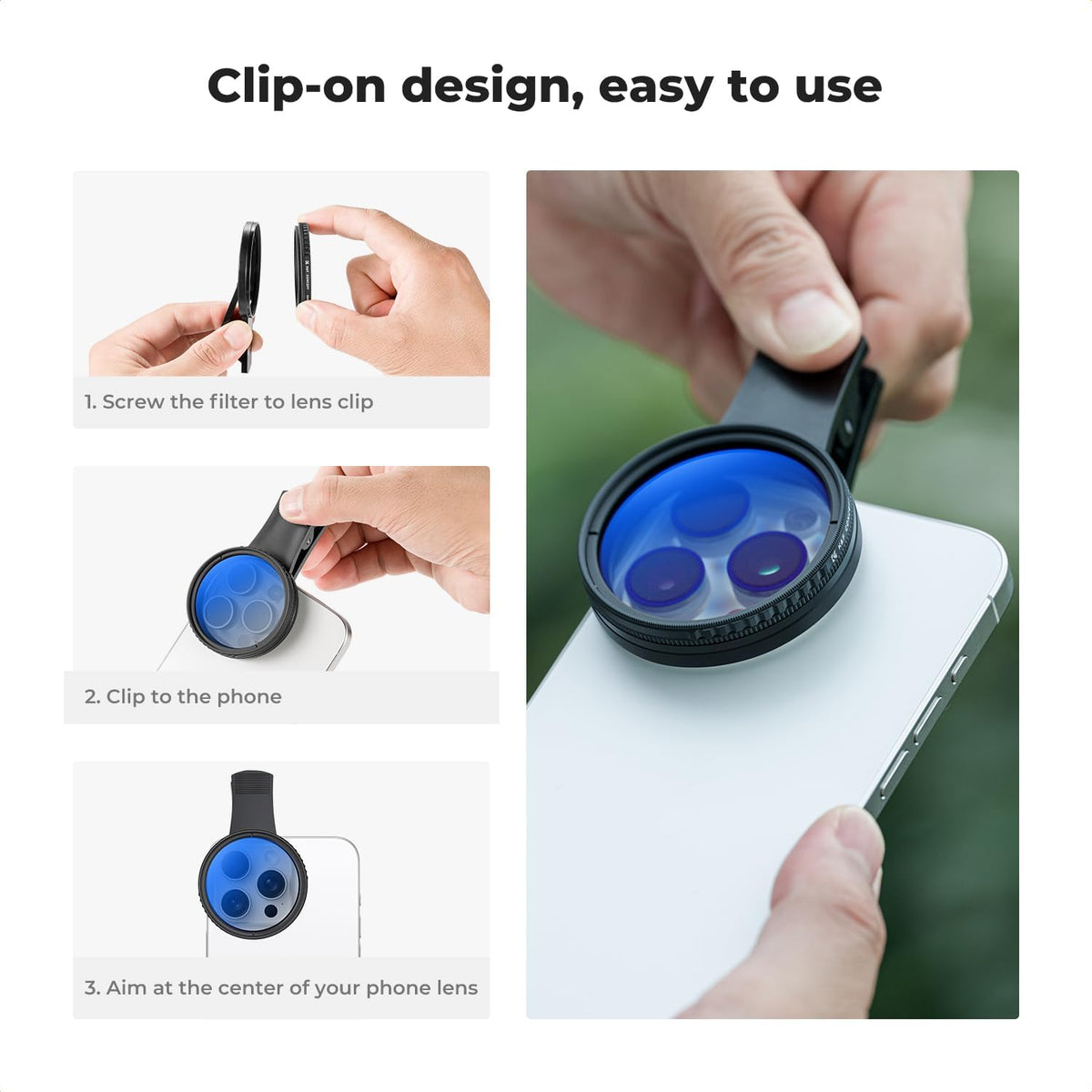 K&F Concept 52mm Clip-on CPL Phone Camera Lens Filter Kit, Circular Polarizer Polarizing Filter Compatible with iPhone 15 14 13 12 11