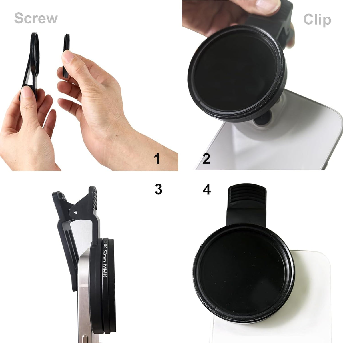52mm Clip-on ND2-400 Phone Camera Lens Filter Kit, Adjustable Neutral Density Filter Compatible for iPhone 15 14 13 12 11, Google Pixel and Other Smart Phones