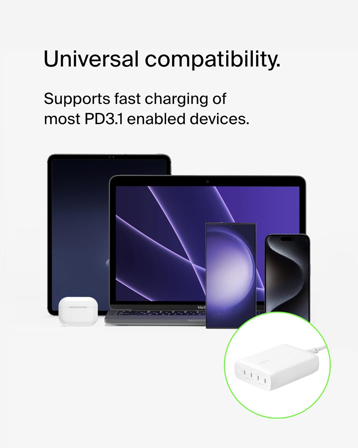 Belkin 4-Port USB C Charger Block 200W - GaN Multi-Port Charger USB-C PD 3.1 Fast Charge + 5ft Power Cord - MacBook, iPhone 16, iPad, Galaxy S25, Google Pixel, Nintendo Switch 2 - White