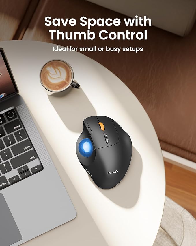 ProtoArc Wireless Bluetooth Trackball Mouse EM02 Two Adjustable Angle Ergonomic Rechargeable Computer Ball Mouse 3 Device Connection Thumb Control and Smooth Tracking for Laptop PC Mac-Blue