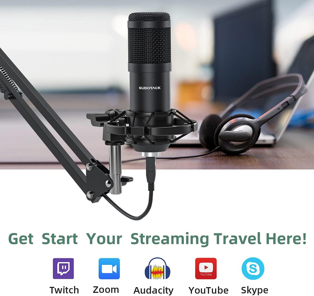 SUDOTACK USB Condenser Podcast Microphone for PC: Studio Microphone Kit with 192KHz/24bit Professional Sound Chipset Cardioid for Recording, Streaming, Gaming, Voice-Over, YouTube, Skype, Twitch