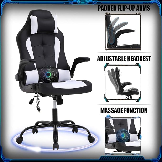 PC Gaming Chair Ergonomic Racing Heavy Duty Office Chair Video Game Chair Massage Function Lumbar Support with Flip Up Arms & Headrest Nice Chic Desk Chair Adjustable Best Home Office Chair - Wh
