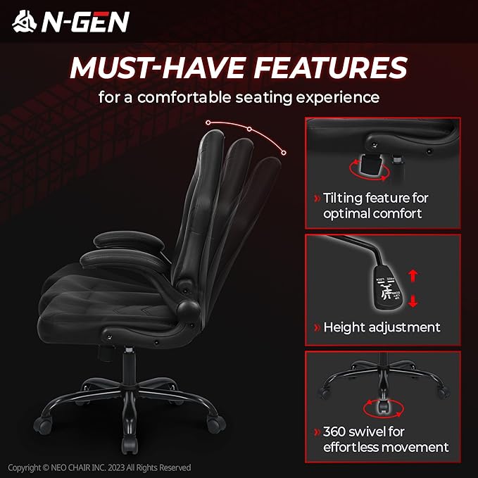 N-GEN Video Gaming Chair Ergonomic Computer Desk Office Chair with Lumbar Support Adjustable Height Swivel Wheels Flip-Up Arms PU Leather Home and Office (Black)