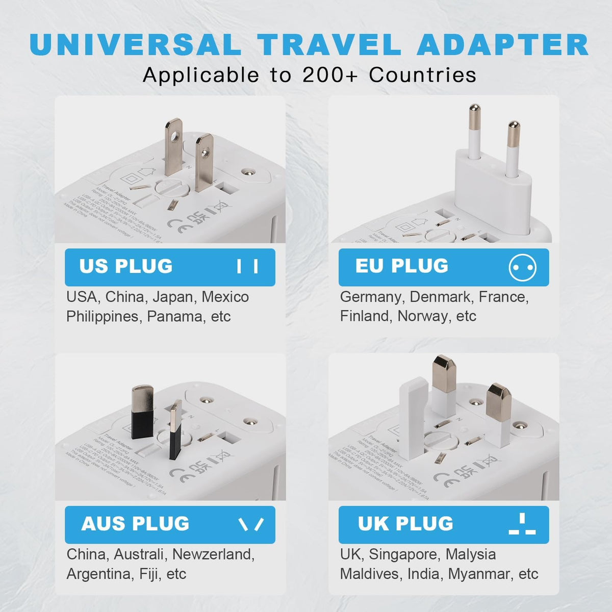 Universal Travel Adapter, PD20W International Power Adapter, 2 USB-C & 2 USB-A Fast Charging Travel Charger, All in One Worldwide Travel Plug Adapter, Outlet Adapter for EU UK USA AU, White