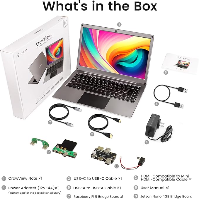 Portable Monitor with Keyboard14inch 1080P FHD Lapdock Compatible with Mini PC/Phone/PC/Game ConsoleCrowView Note with RPi5 & Jetson Adapters(Full Feature TypeC & HDMI Cable Included)