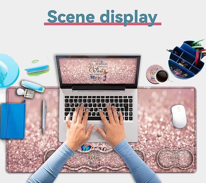 Gaming Mouse Pad Ergonomic Memory Foam Keyboard Wrist Rest Support & Non-Slip Mouse Wrist Rest for Laptop Desk Writing Pad Philippians 4:13 Pink Glitter Office Desk Mat Extended Large Mouse Pad