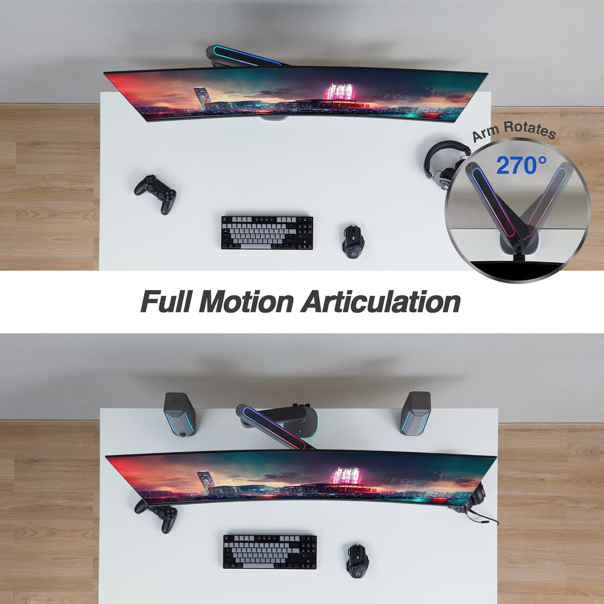 AVLT Single 27”-45” RGB Gaming Monitor Arm Desk Mount Built-in 20 Lighting Modes Touch Button Control Fits Flat/Curved/Ultrawide Screens Height Swivel Tilt Rotation Adjustable Stand -Dark Gray