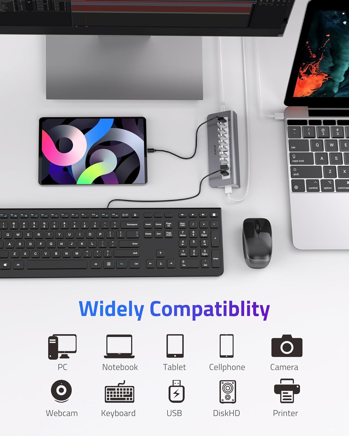 Powered USB Hub 10Gbps, 10 Ports USB 3.1 Gen 2 Hub Power Multiport USB Splitter USB Extender (7 USB 3.1 Data Port and 3 Fast Charging Port) with 36W Power Adapter, for Desktop/USB-A&USB-C Laptop/PC