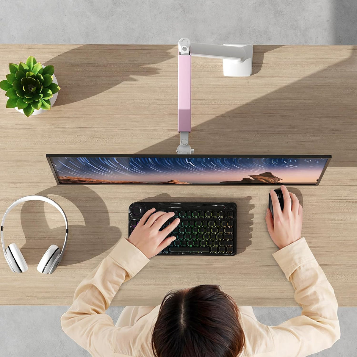 PHOLITEN Single Monitor Arm Fits 13-32 inch,4.4-19.8lbs Screen, Fully Adjustable Gas Spring Arm, Computer Monitor Stand with VESA 75 * 75mm/100 * 100mm Mount,White & Pink