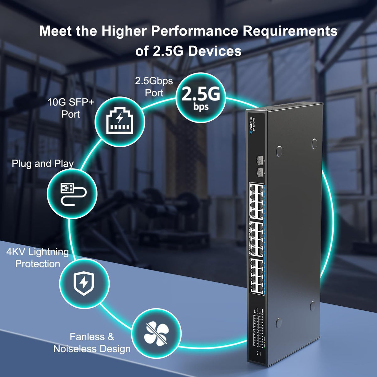 26 Port 2.5Gb Unmanaged Ethernet Switch with 24* 2.5G Base-T Ports, 2* 10G SFP+ Ports. GiGaPlus 2.5Gbps Network Switch for 2.5Gbps NAS/PC, WiFi6 Router, Wireless AP. Fanless Design, Plug and Play