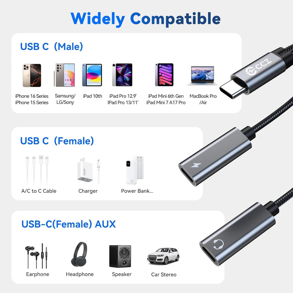 5PCS USB C Headphone Splitter,CCZ CA01 USB C to Type C Headphone Jack and Charger Adapter, 1 in 2 out Dongle Hi-Res DAC Audio Cable with PD 60W Fast Charging for Samsung Galaxy S25 S24 S23 (USBC-USBC)