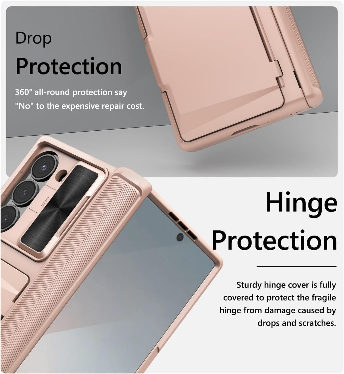 Vihibii for Samsung Galaxy Z Fold 6 Case with Card Holder & Slide Camera Cover & Screen Protector & Hinge Protection, Full Cover Shockproof Wallet Phone Case for Samsung Galaxy Z Fold 6, Rose Gold