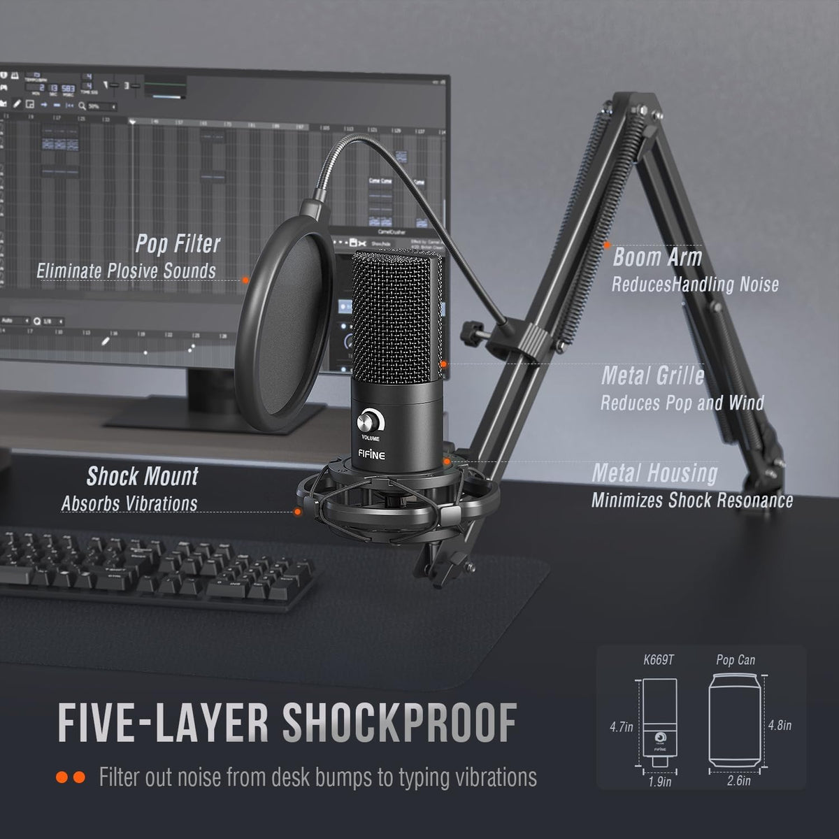 FIFINE Studio Condenser USB Microphone Computer PC Microphone Kit with Adjustable Boom Arm Stand Shock Mount for Instruments Voice Overs Recording Podcasting YouTube Vocal Gaming Streaming-T669