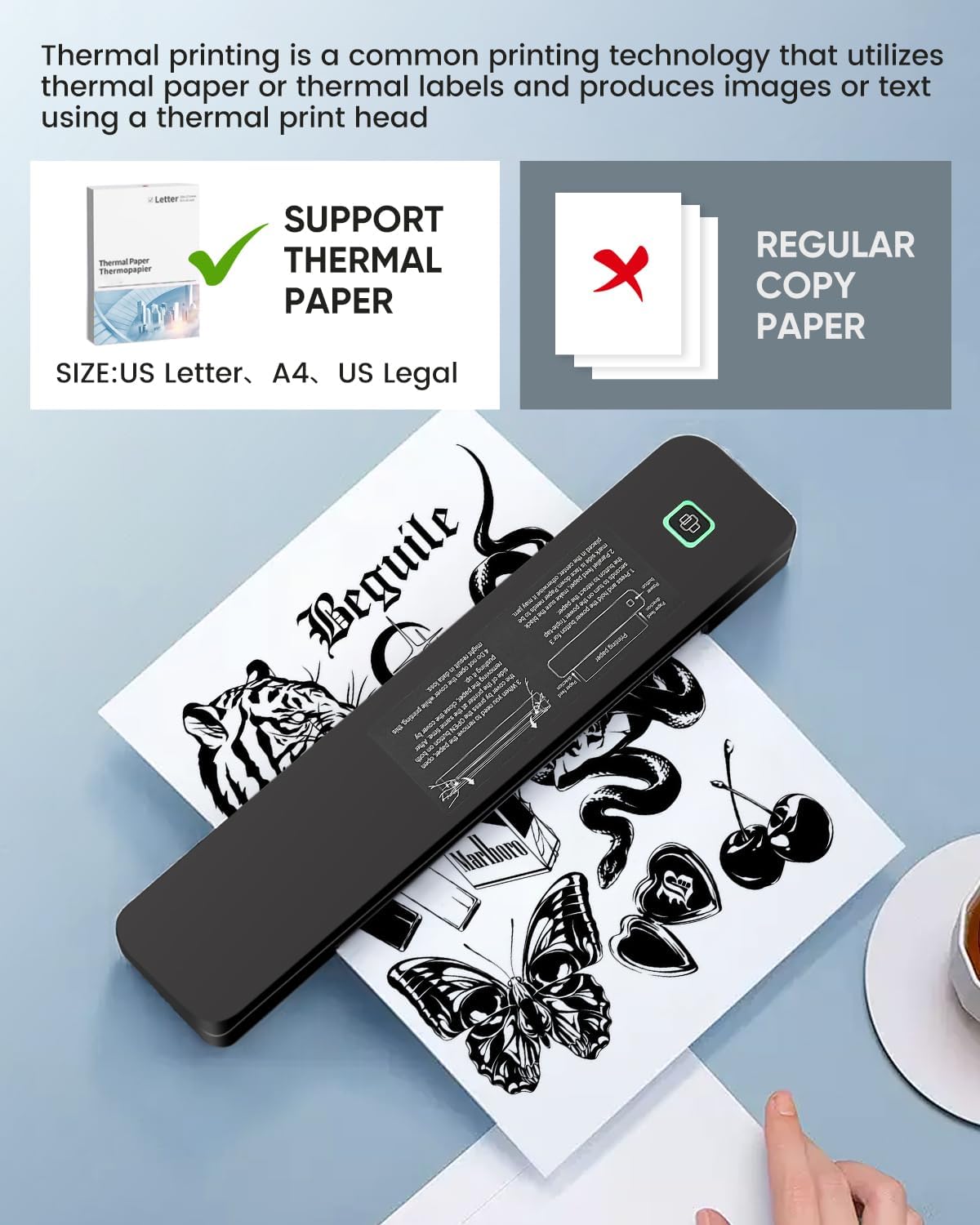 Saker Wireless Thermal Mobile Printer - Inkless, Portable Printer, Supports 8.5" X 11" US Letter & A4 Size, Compatible with Phone & Laptop - Ideal for Home, Car, Office & Travel