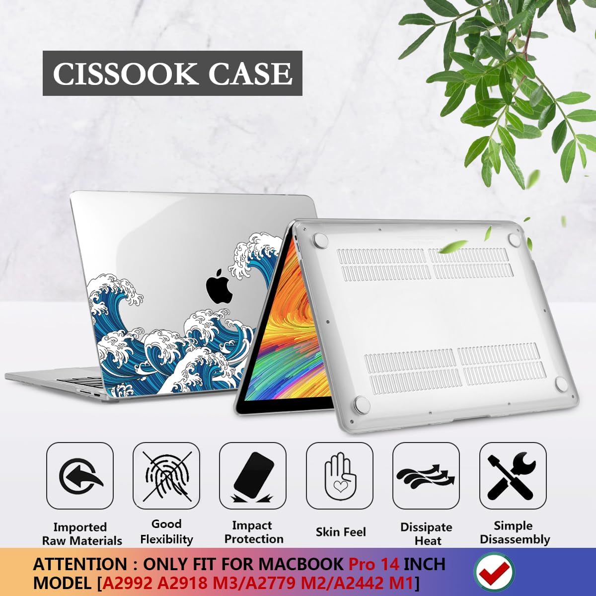 CISSOOK Ocean Case for MacBook Pro 14 inch 2021 2022 2023 2024 Release Model A2442 M1 &A2779 M2 &A2992 A2918 M3 & A3112 A3185 A3401 M4 Pro/Max Chip, Wave Hard Shell for Pro 14-inch with Touch ID