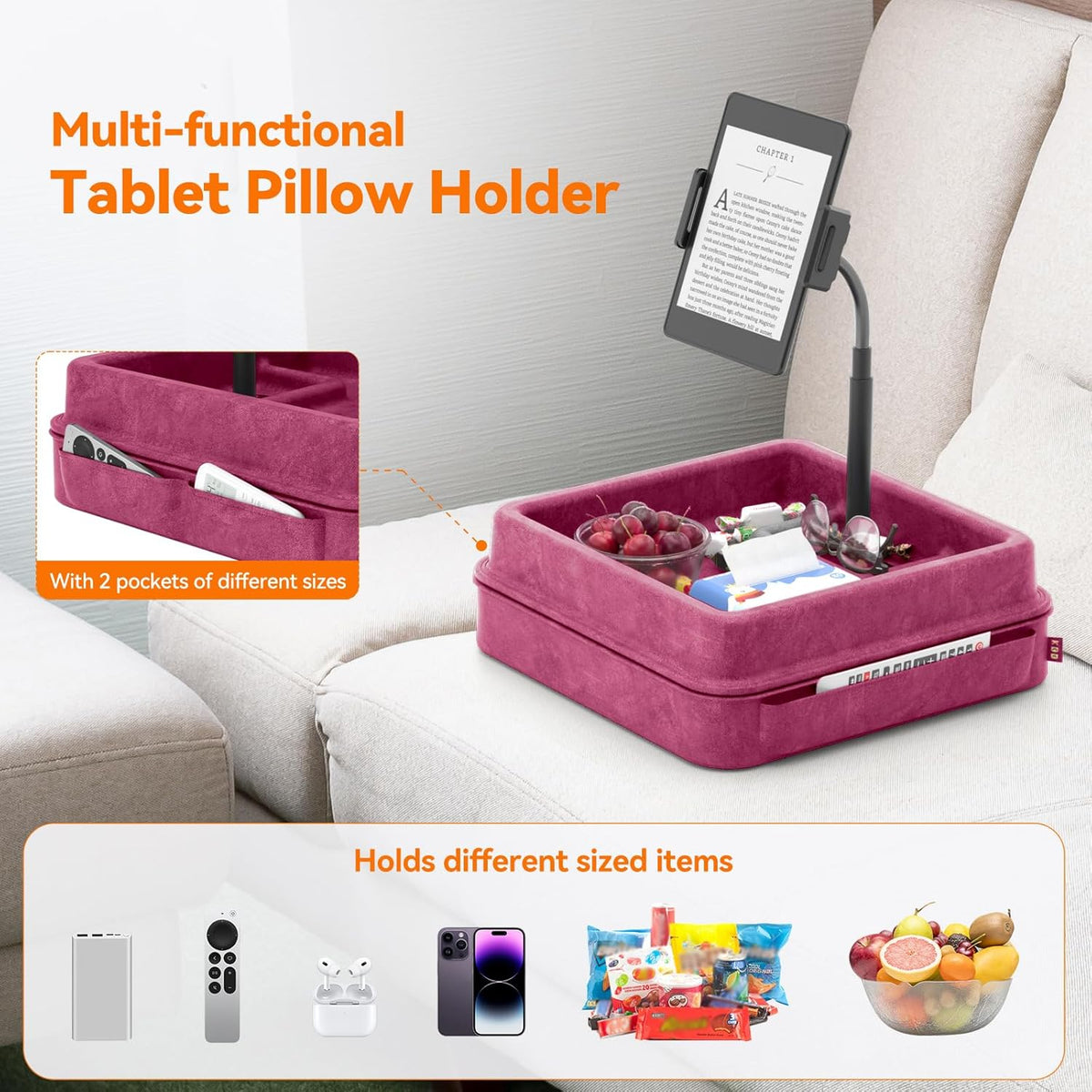 KDD Tablet Pillow Holder - 360°Adjustable iPad Pillow Stand for Lap, Bed and Desk - Gooseneck Tablet Soft Pad Dock with Storage Tray and Pocket Compatible with iPad Pro 12.9, Air Mini, Phone,(Purple)