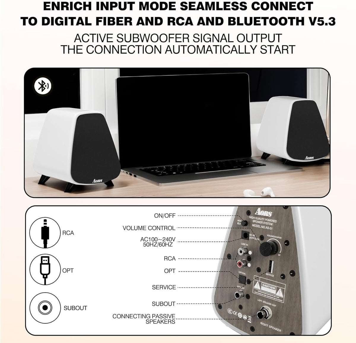 AS31 Active Bookshelf Speakers Bluetooth -2.0 Powered Speaker Stereo Computer Speakers for Desktop pc ,Monitor Speakers 80WRMS/3inch Bass RCA/Optic Inputs, Wooden Compact (Violet)