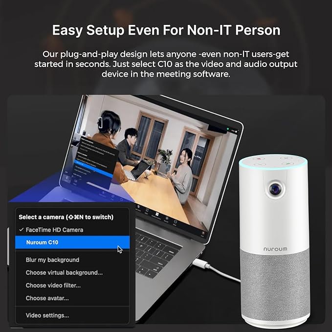 NUROUM C10(2nd Gen) 1080P Conference Webcam with Microphone Speaker Portable All in One Computer Camera for Video Conference AI Noise Cancellation & AGC USB Plug&Play for PC/Desktop Zoom/Te