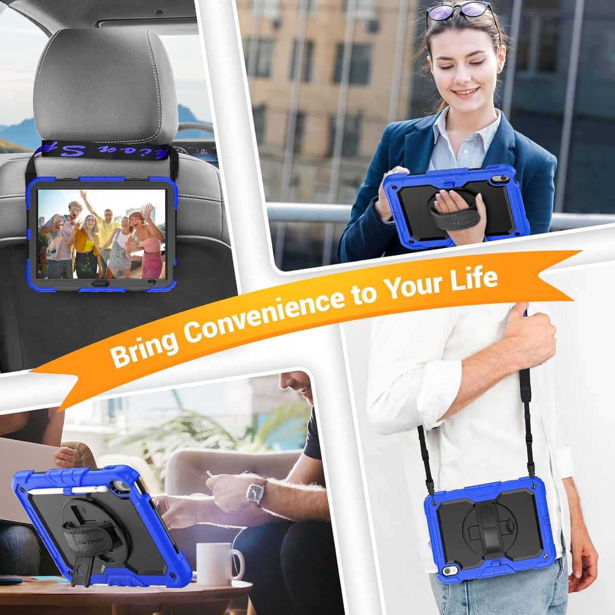 SEYMAC for iPad (A16) 11th/10th Generation Case 2025/2022 (11″/10.9″), Sturdy Heavy Duty Full-Body Shockproof Protective Case with Screen Protector, Rotating Stand, Hand/Shoulder Strap, Black/Blue