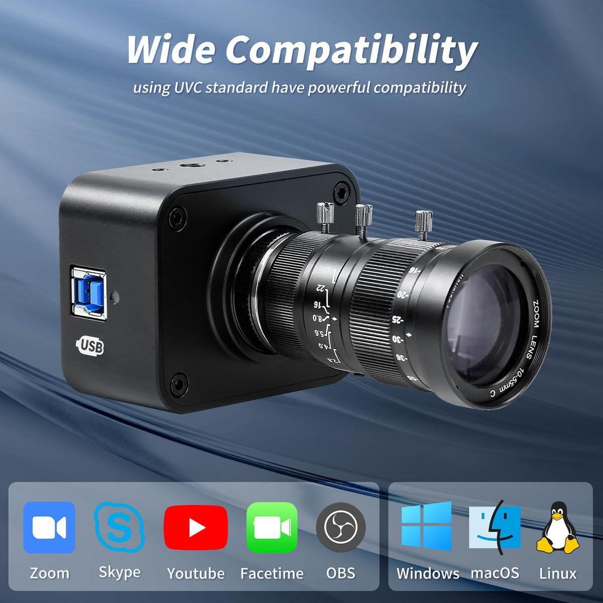 MOKOSE USB Camera 4K, USB3.0 Manual Focus Webcam with C-Mount 10-55mm Telephoto Zoom Lens, IMX678 1/1.8" 8MP Sensor Support YUY2,Web Camera for Desktop Computer Laptop