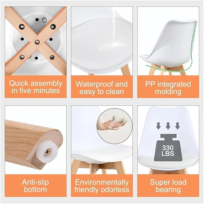 Adjustable Office Computer Chair with Armrest 2pcs Lounge Plastic Dining Chairs with Soft Padded and Wooden Frame(White)