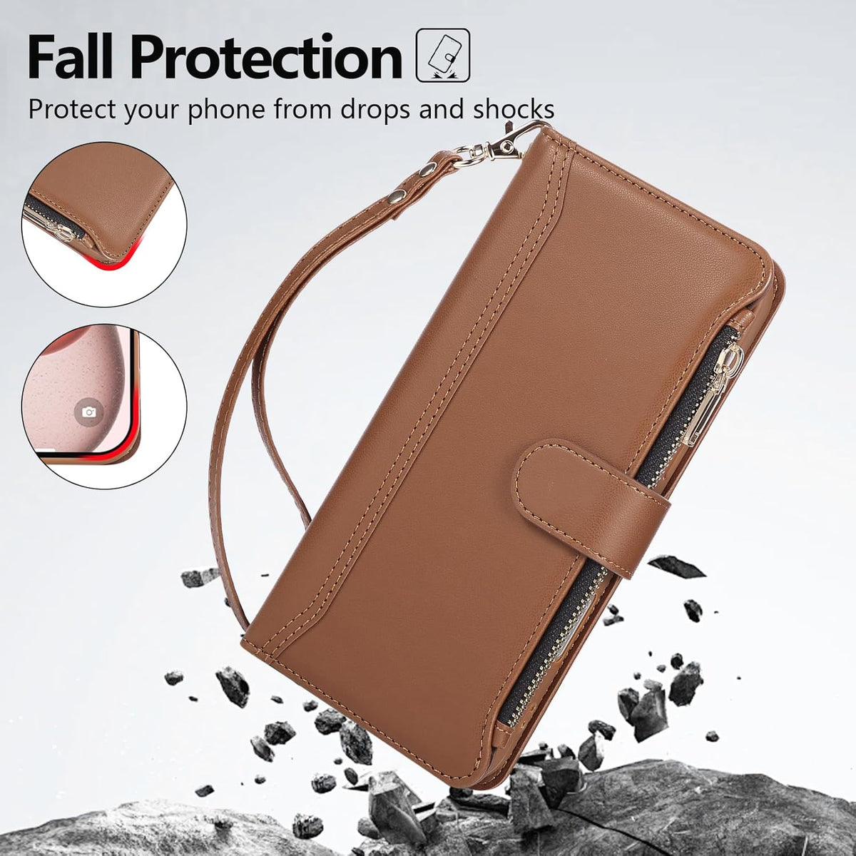 Compatible with iPhone 16 Wallet Phone Case-PU Leather Magnetic Flip Cover with Credit Card Slots,Zipper Pocket & Detachable Wrist Strap,Shockproof Design,for Women and Men-Brown
