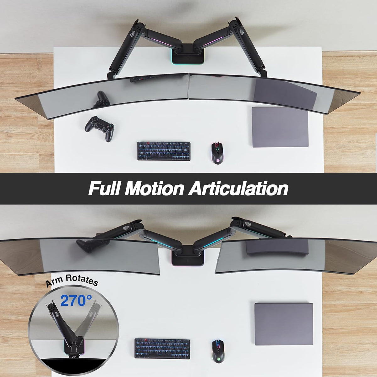 AVLT RGB Lights Dual 17”-43” Gaming Monitor Arm Desk Mount, Fits Two Flat/Curved/Ultrawide Screen up to 44lbs(20kg), Height Swivel Tilt Adjustable Stand - Black